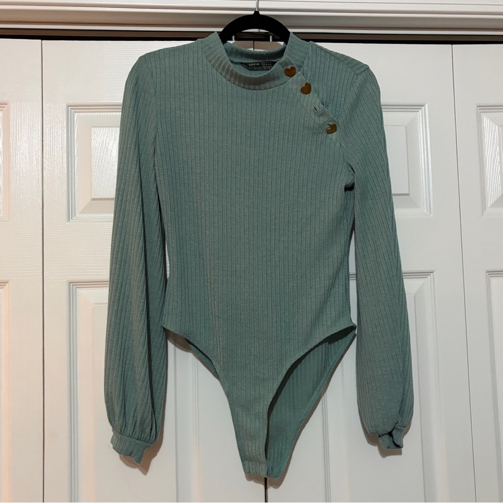 SHEIN Seafoam Green Ribbed Long Sleeve Bodysuit MISSING BUTTON